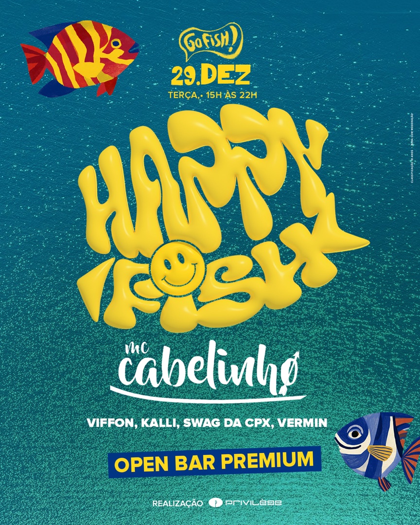 Pôster da festa Happy Fish, lettering amarelo derretido sobre o mar esverdeado com peixes pintados