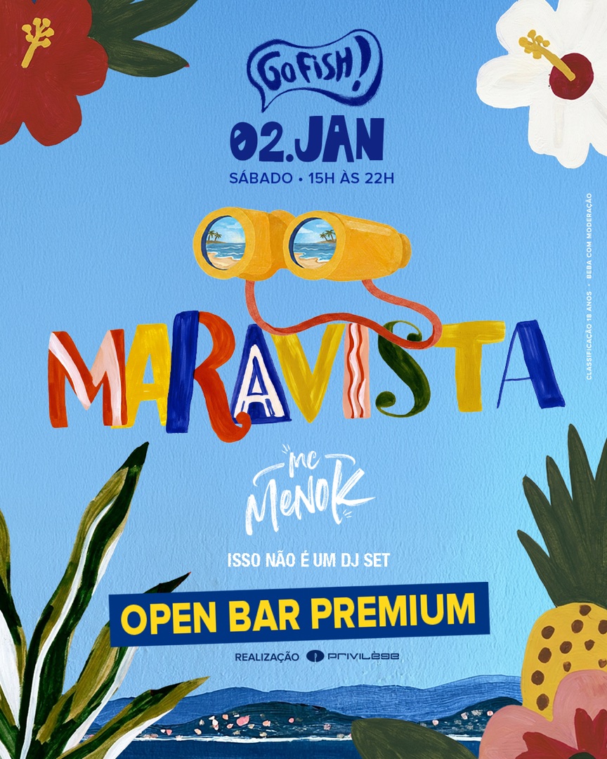 Pôster da festa Maravista, letras coloridas pintadas à mão com binóculo amarelo e flores tropicais