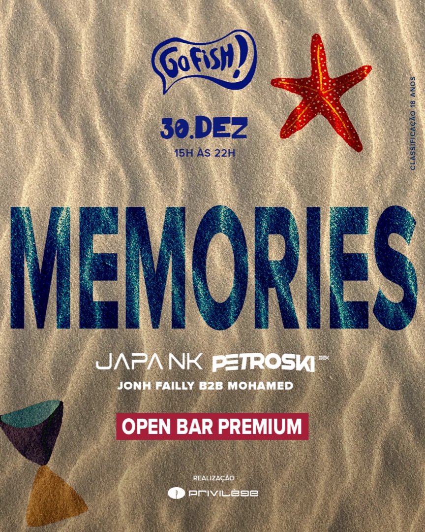 Pôster da festa Memories, tipografia azul texturizada sobre areia com estrela-do-mar vermelha