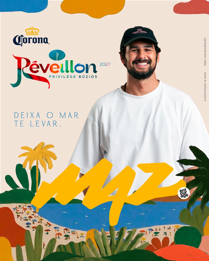 Pôster do Réveillon Privilège Búzios 2027 com o DJ MAZ e praia pintada à mão